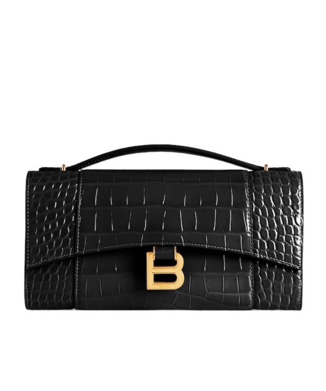 Balenciaga Hourglass Croc-effect Patent-leather Shoulder Bag In Black