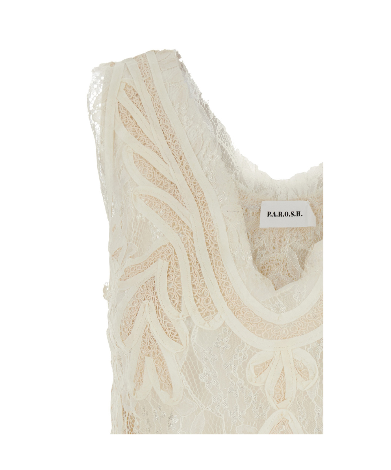 P.a.r.o.s.h Beige Top With Drop Neckline And All-over Applied Motif In Lace Woman In White