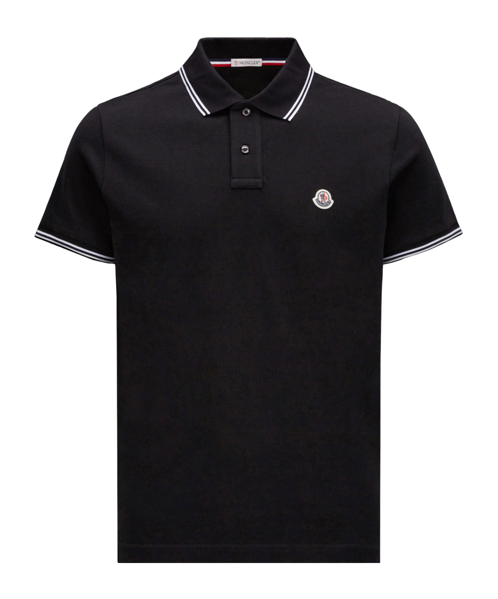 Moncler Navy Striped Trim Cotton Piquet Polo In Black