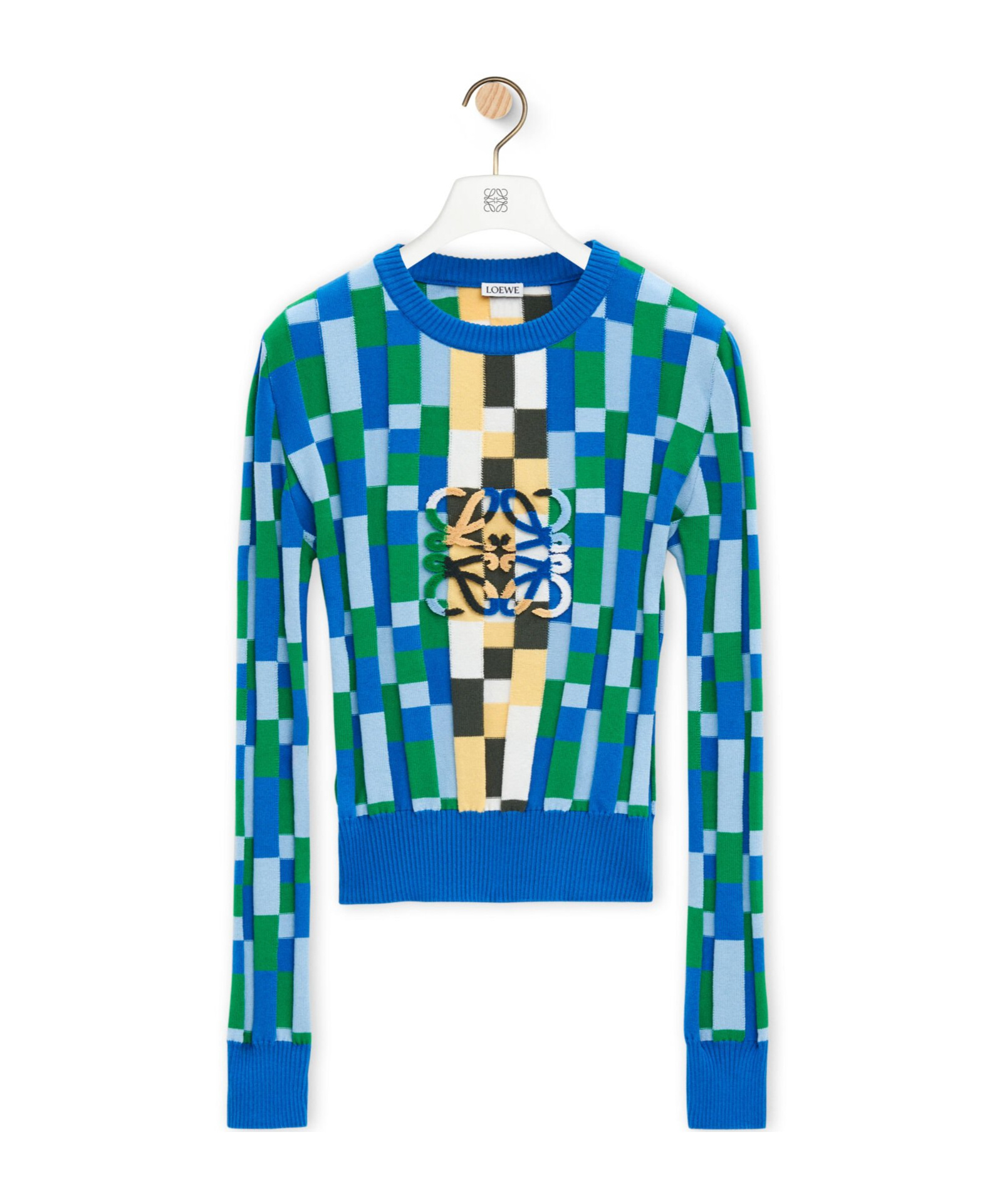 Loewe Anagram Appliquéd Checked Intarsia Cotton Sweater In Blue