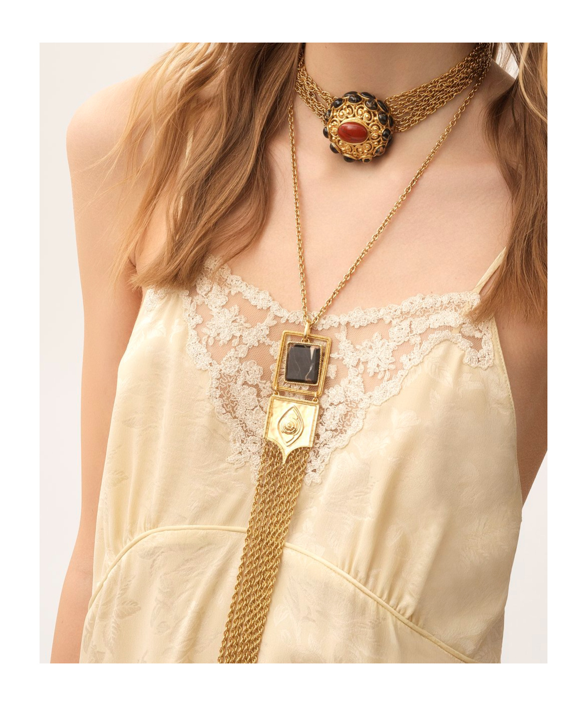 Chloé Thin-strap Midi Dress In Silk Jacquard Lace In Yellow