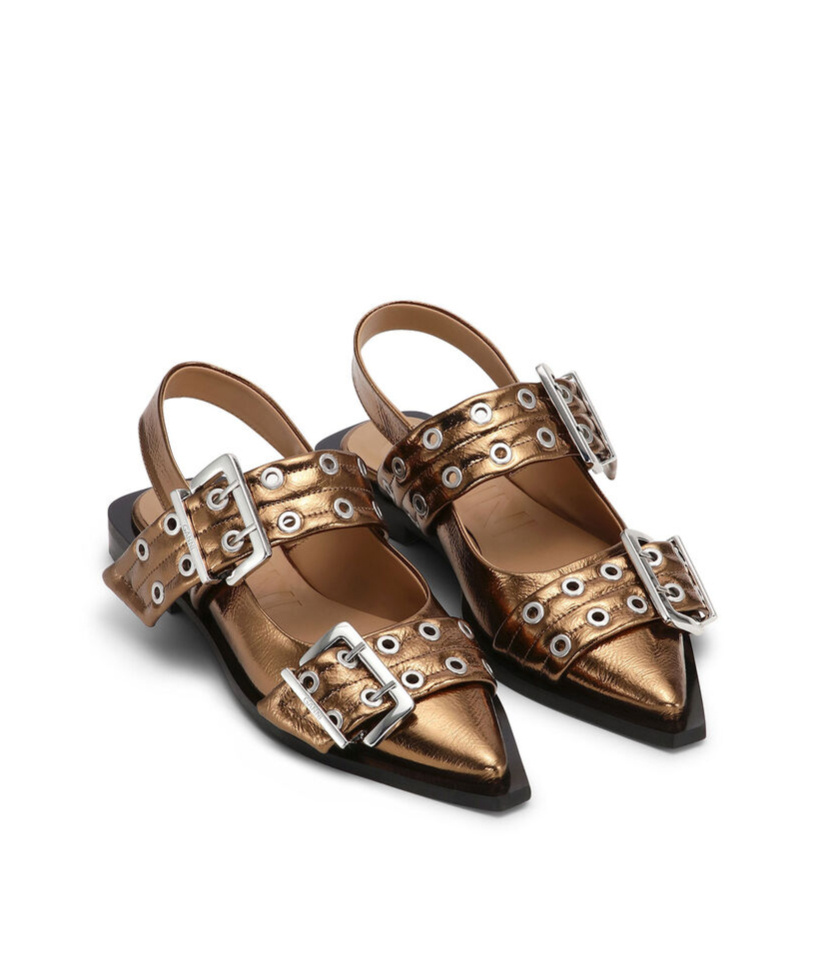 Ganni Bronze Slingback Ballet Flat Shoe With Buckles In Multicolor