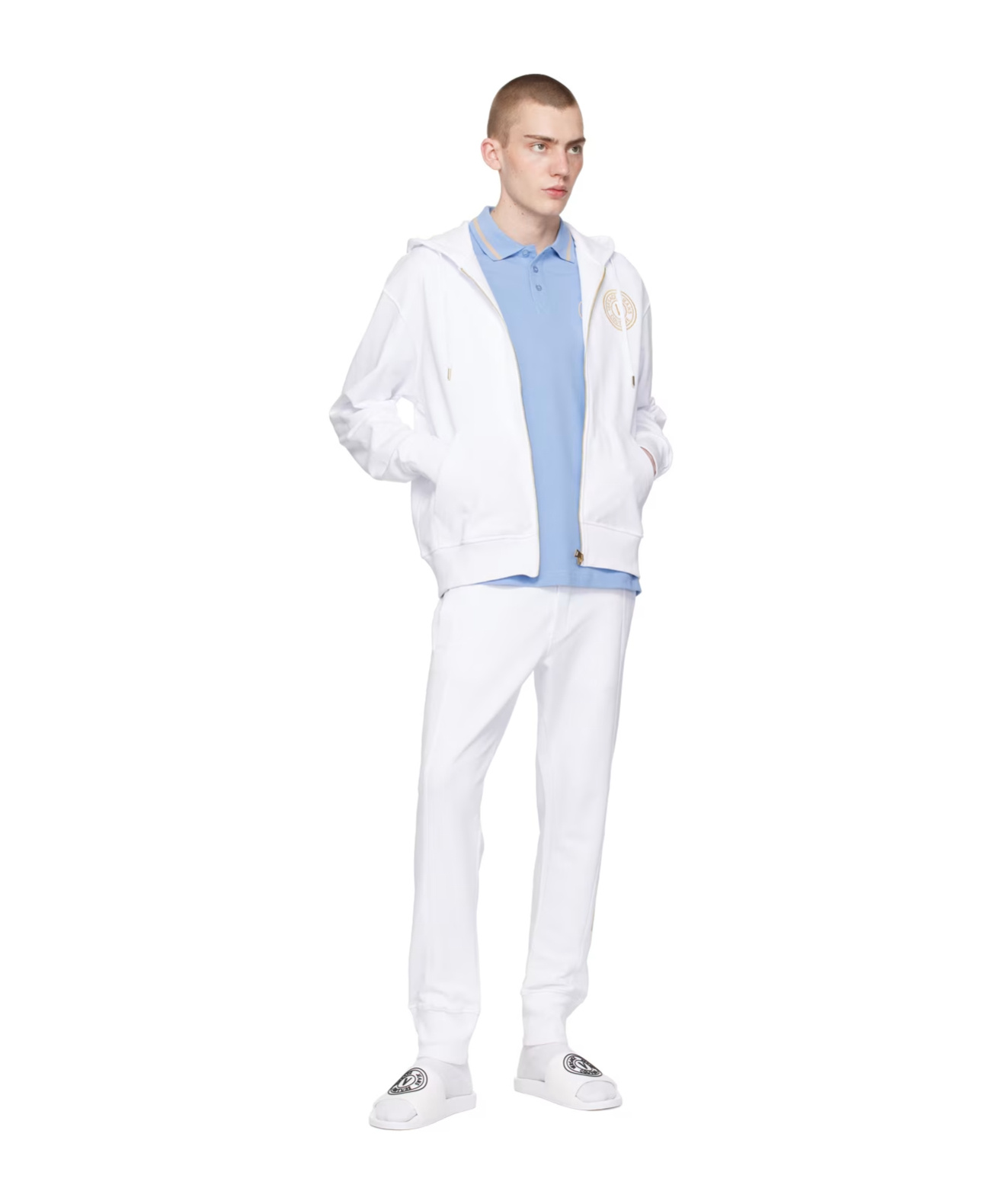 Shop Versace Jeans Drawstring Hooded Hoodie In White