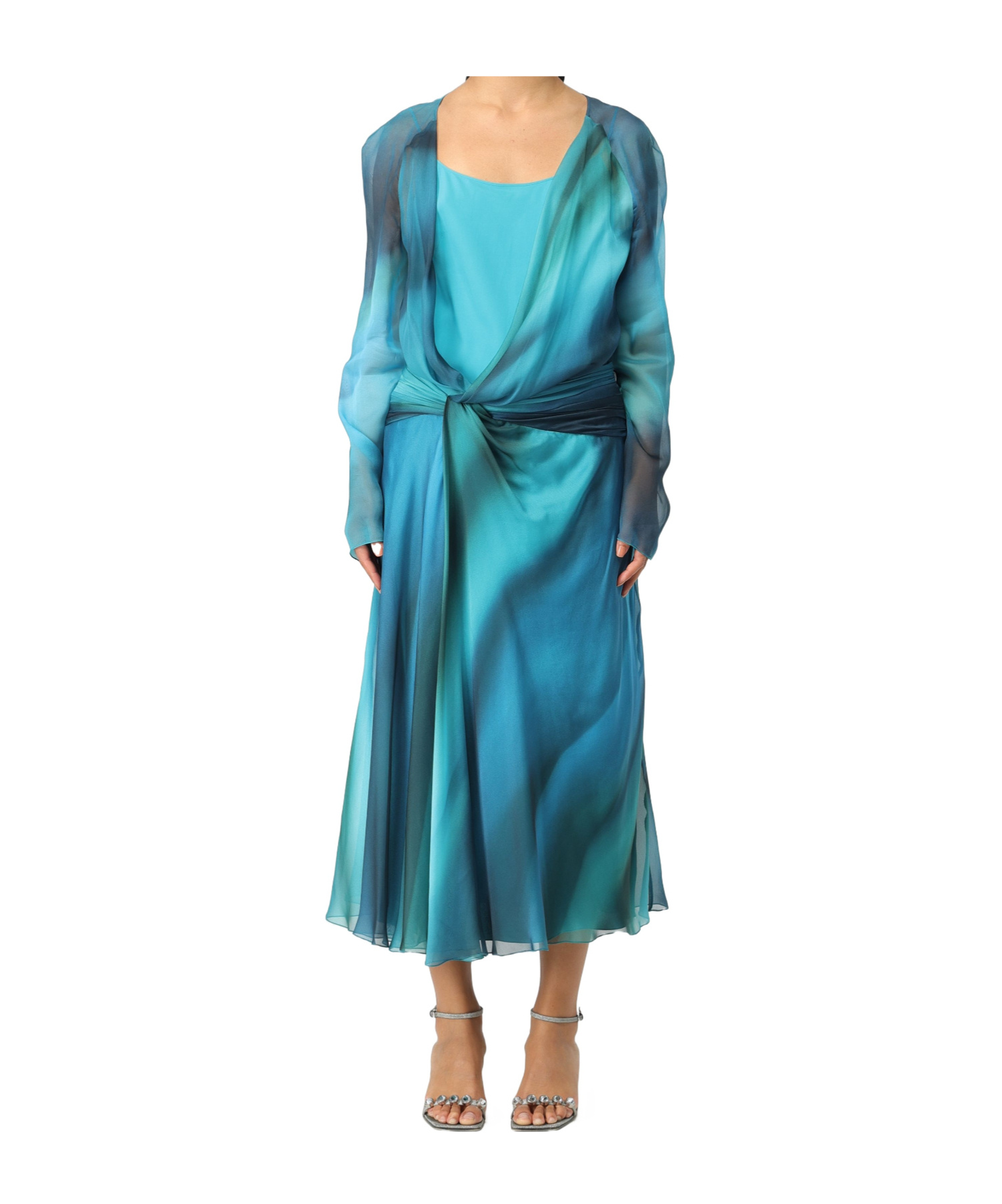 Alberta Ferretti Printed Chiffon Midi Dress In Blue