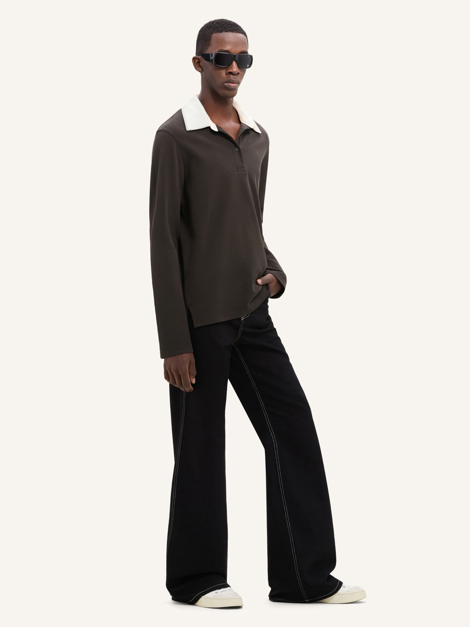 Courrèges Long-sleeved Cotton Polo With Contrasting Collar In Black
