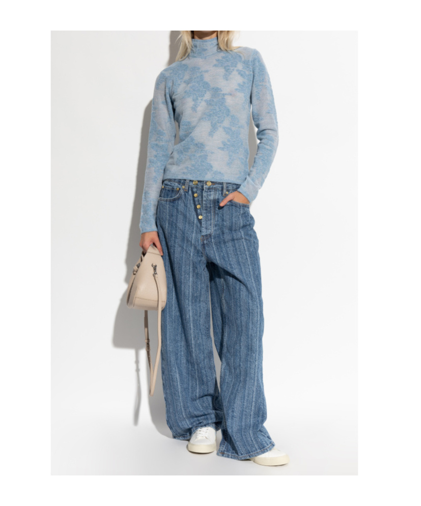 Ganni Flower-jacquard Mockneck Sweater In Blue