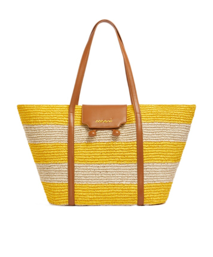 Shop Marni Medium Yellow Stripe Raffia-effect Trunkaroo Beach Bag In Natural/dark Lemon