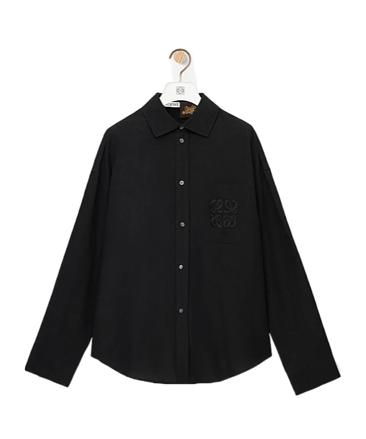 Loewe Mens Brand-embroidery Patch-pocket Long-sleeve Cotton Shirt Black In Black