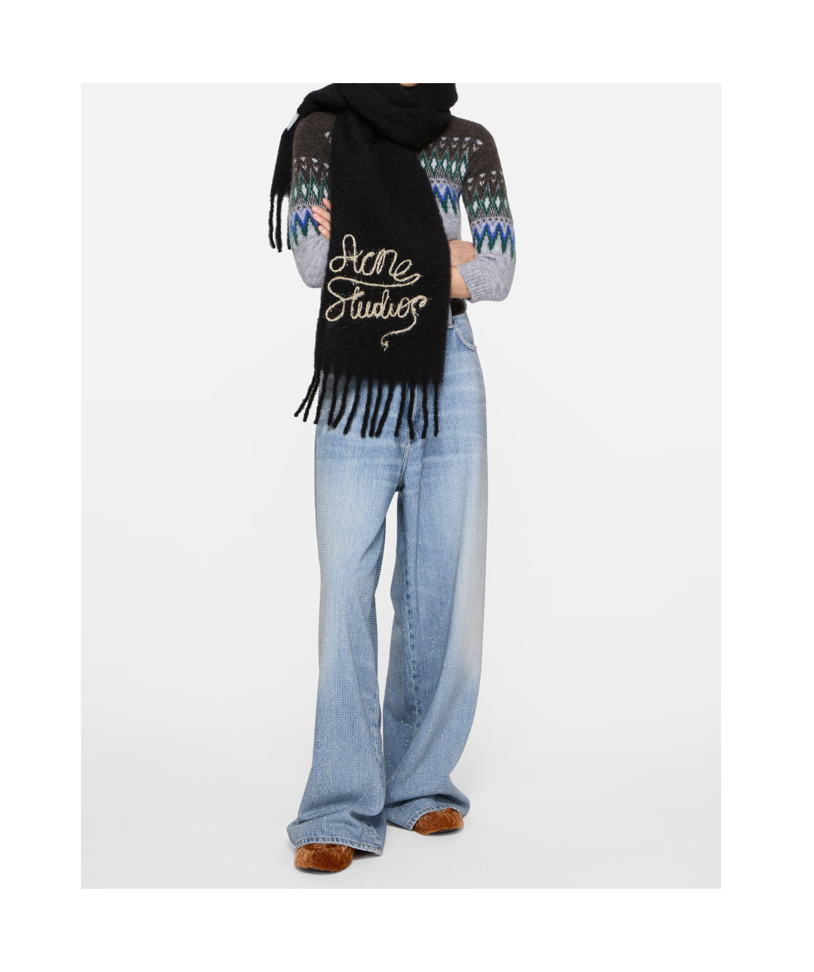 Acne Studios Fringed Logo-detail Scarf In Black
