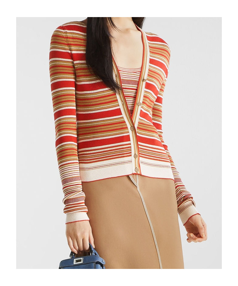 Fendi Red And Beige Striped Cotton And Silk Cardigan