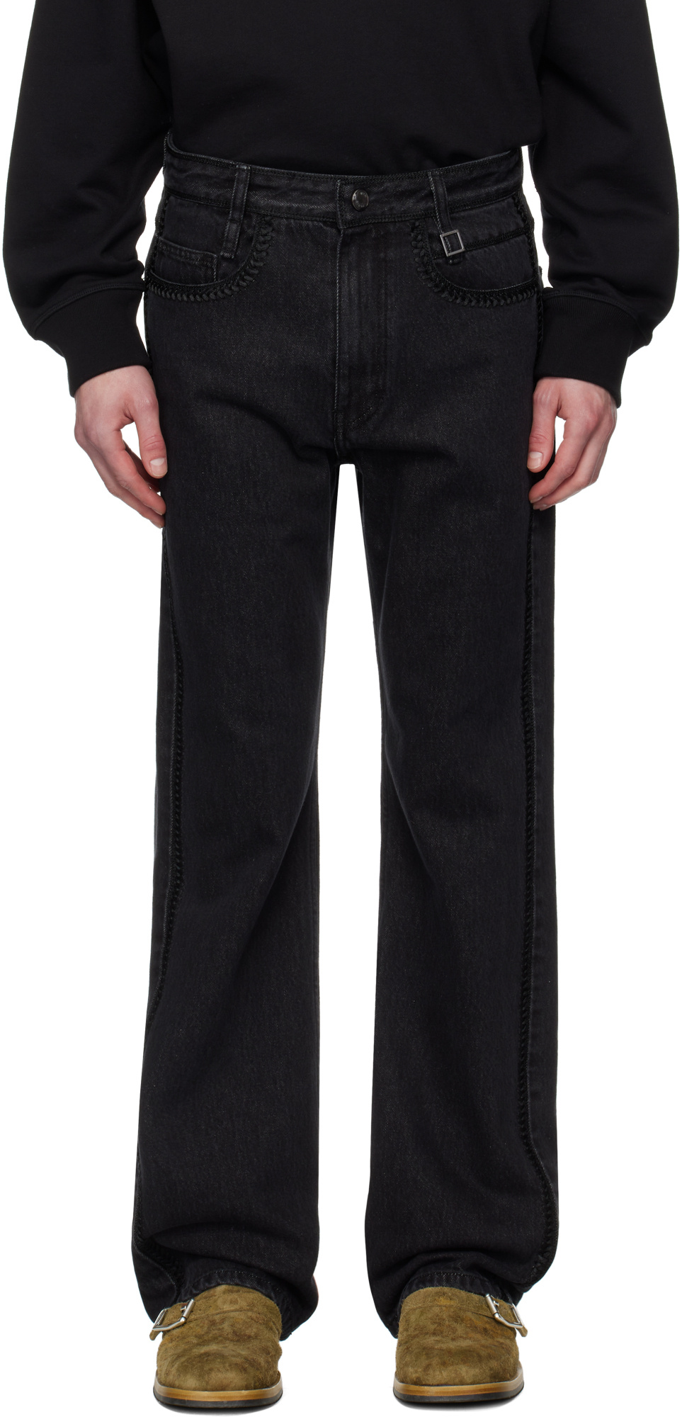 Wooyoungmi Black Crochet Straight Jeans In Black
