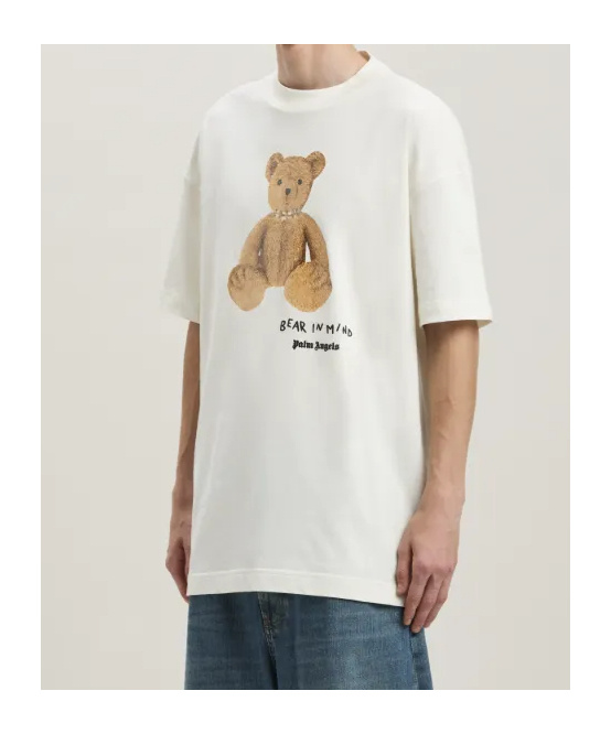Palm Angels Bear In Mind White T-shirt With Bear Print And Logo Lettering On The Front In Cotton Man In White