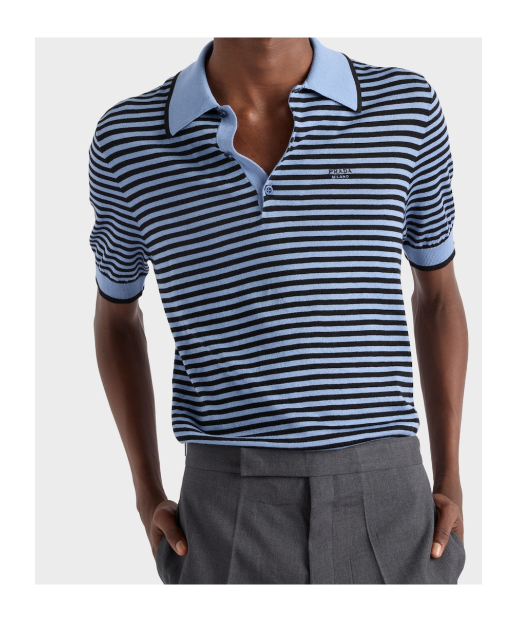 Prada Mens Blue Striped Cotton Polo Shirt In Blue