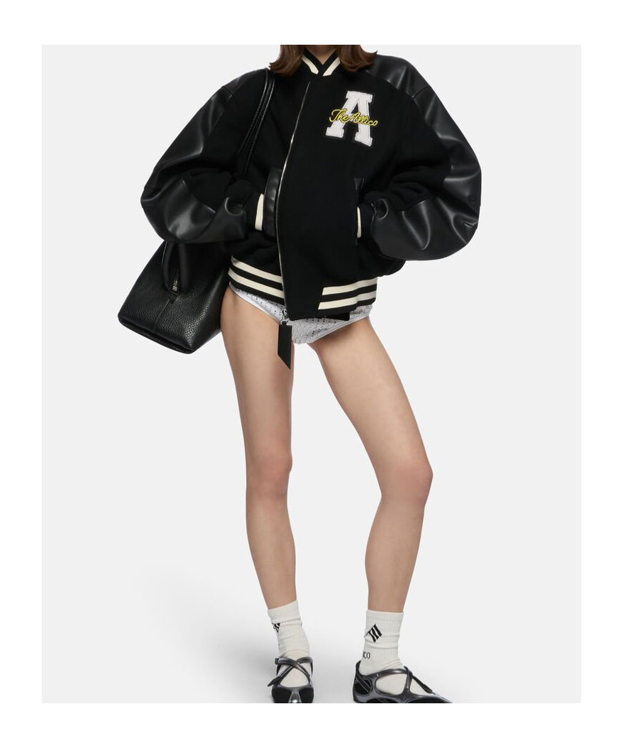 Attico Bomber Jacket With Ribbed Cuffs And Hem In Black