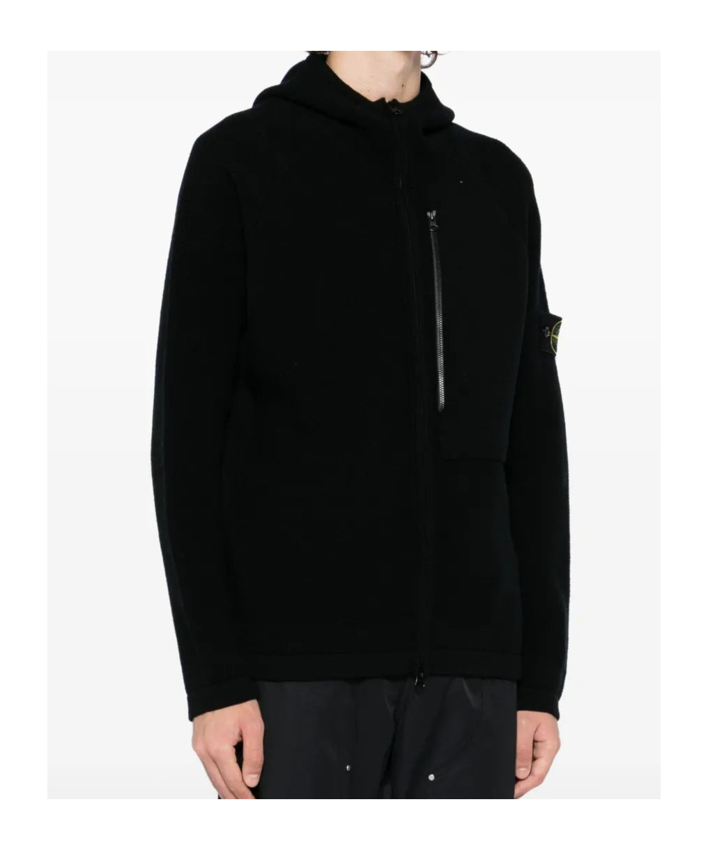 Stone Island Hooded Black Jacket With Logo Patch In Black