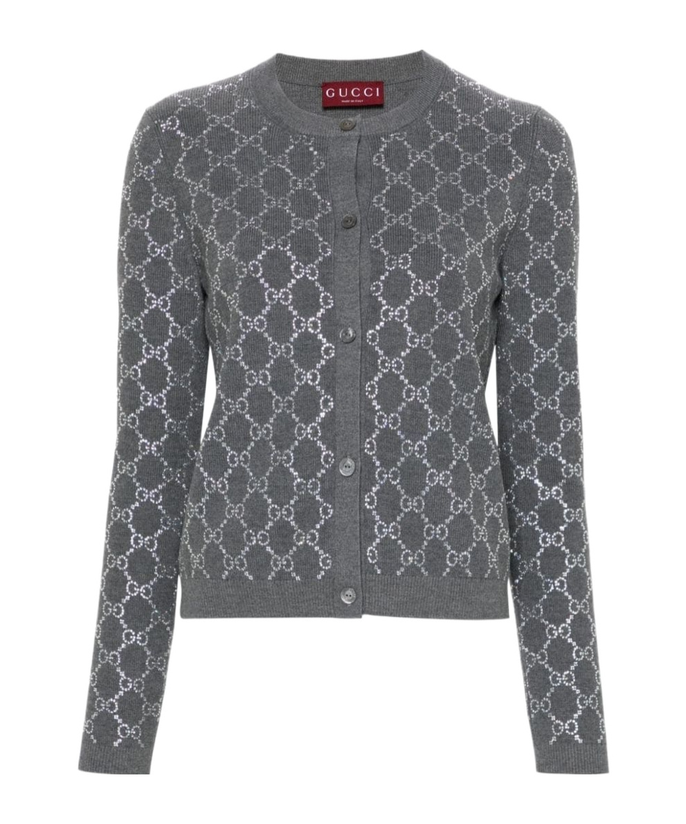 Gucci Gg Embellished Wool Jacquard Cardigan In Gray