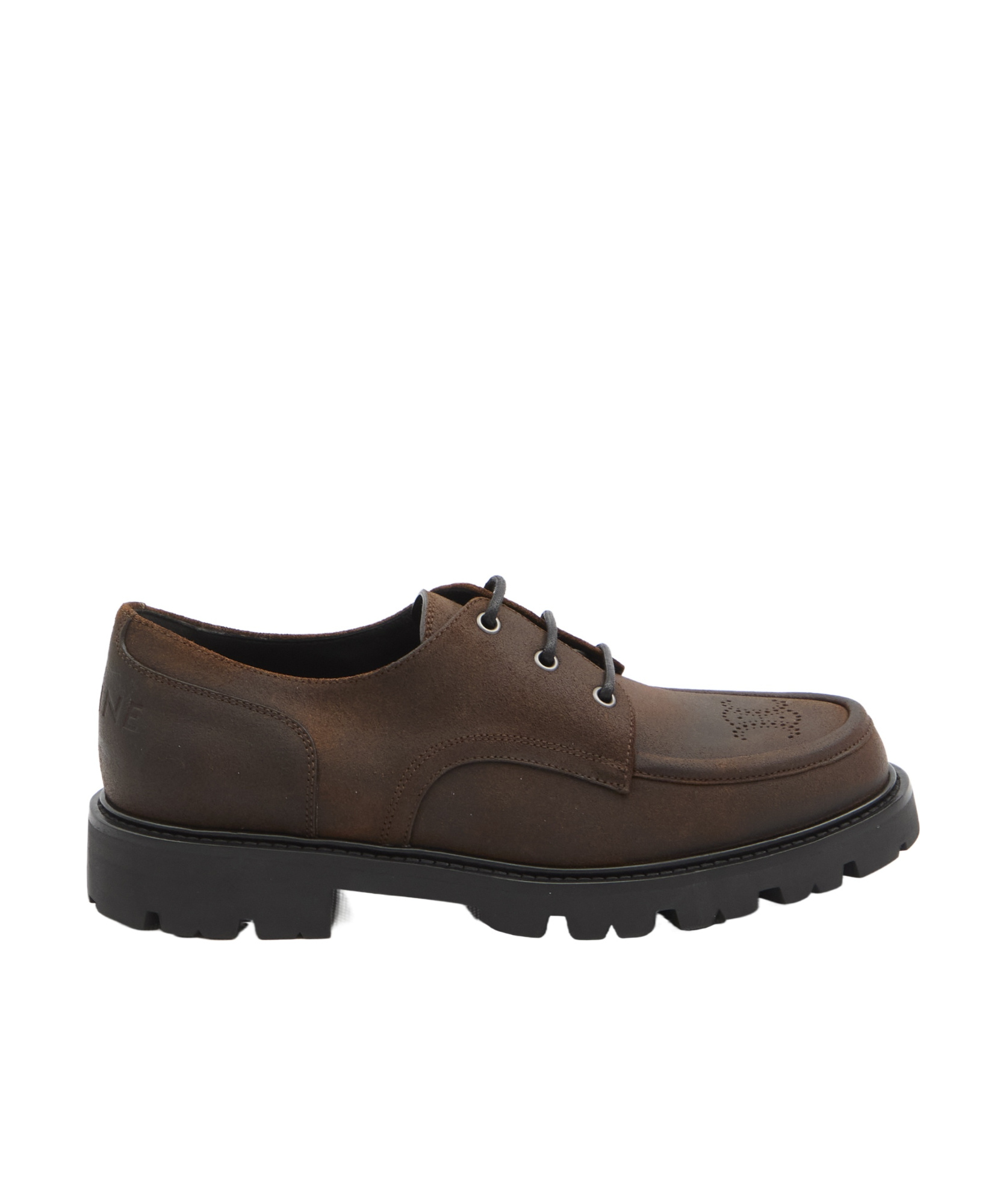 Celine Margaret Derby Loafer In Waxed Suede Calfskin In Brown