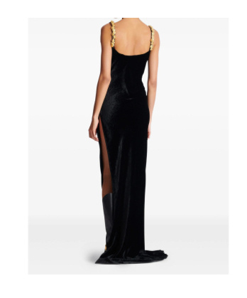 Balmain Button Cowl-neck Velvet Slit Maxi Dress In Black