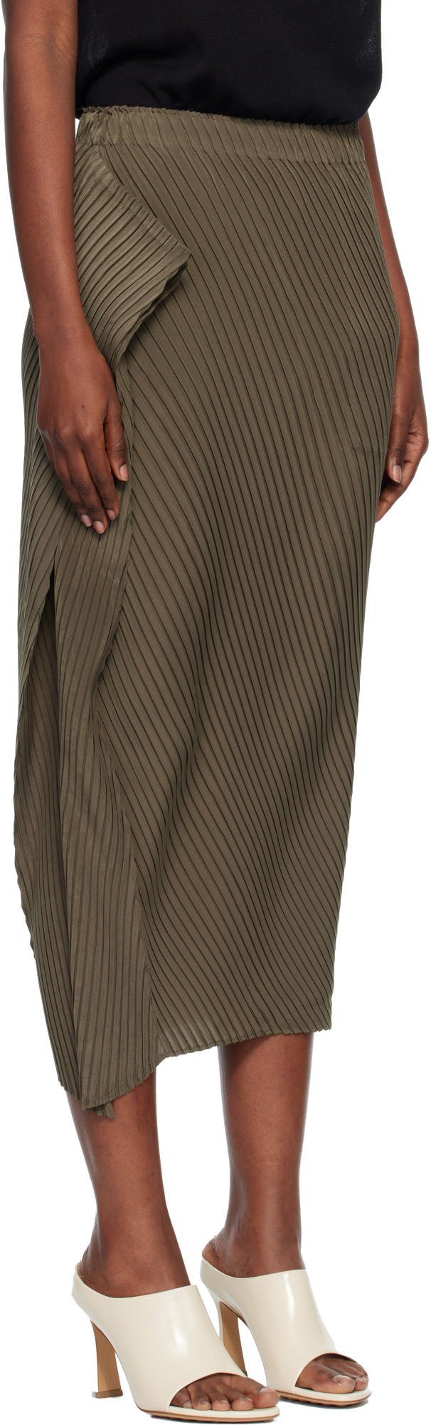 Issey Miyake Khaki Soft Fold Pleats Midi Skirt In Brown
