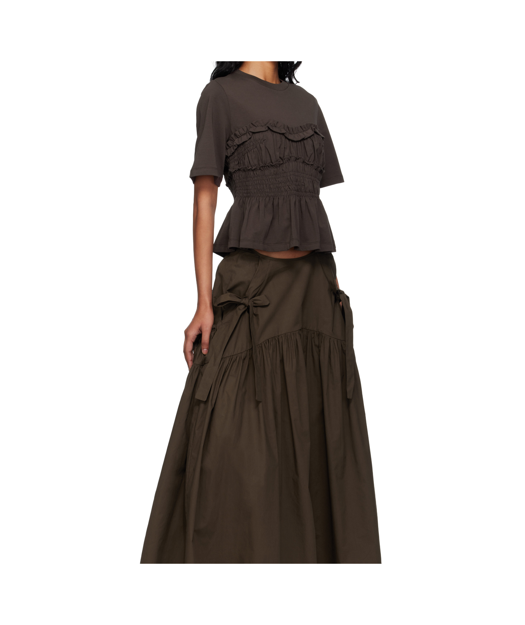 Cecilie Bahnsen Vilde Ruffled Shirred Cotton-jersey T-shirt In Brown