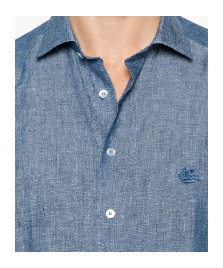 Etro Light Blue Linen Shirt With Embroidered Logo In Blue