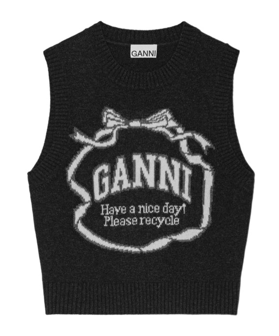 Ganni Logo Intarsia Wool-blend Sweater Vest In Black