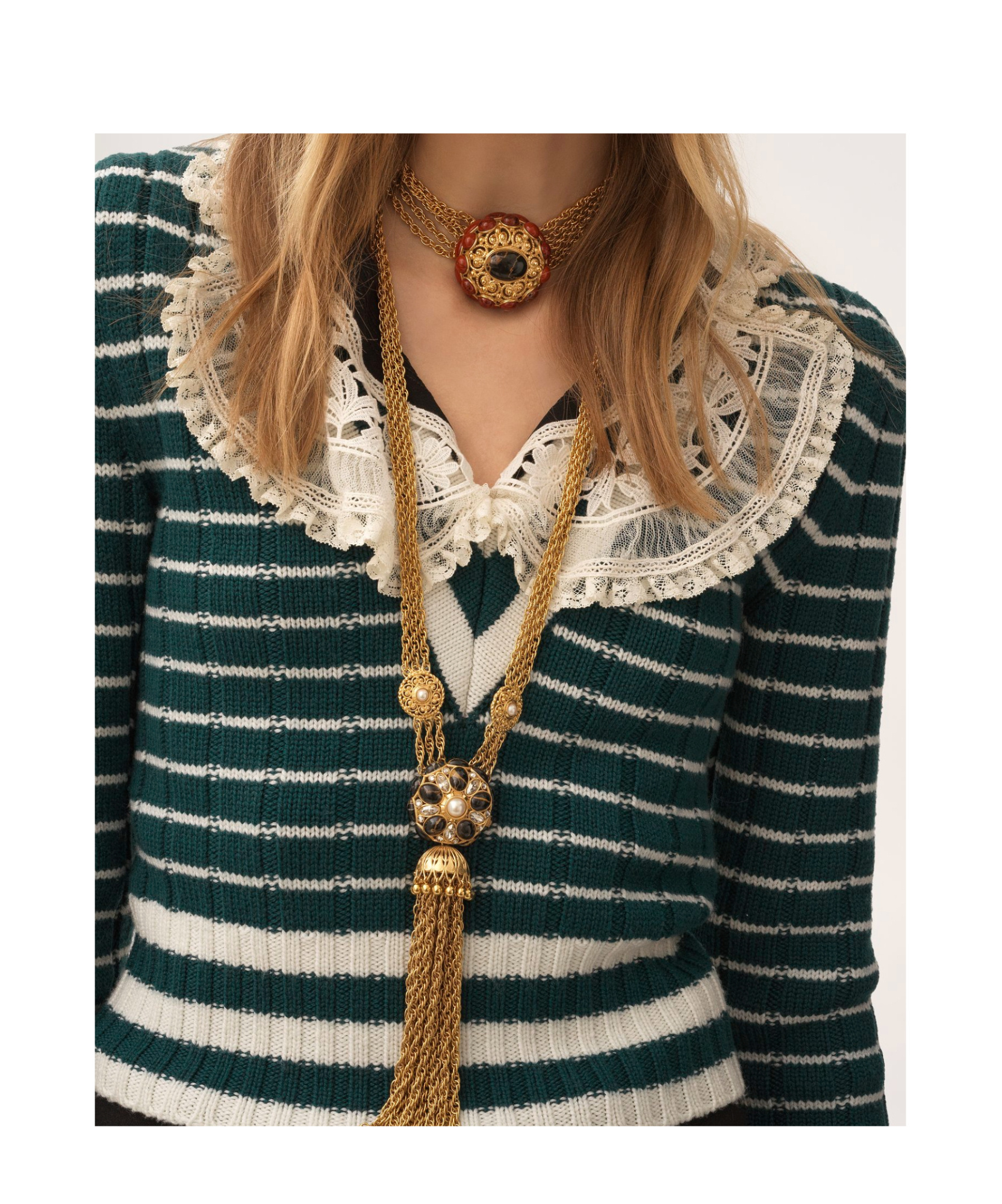 Chloé Striped Ribbed Knit Jumper Lace Detail In Green