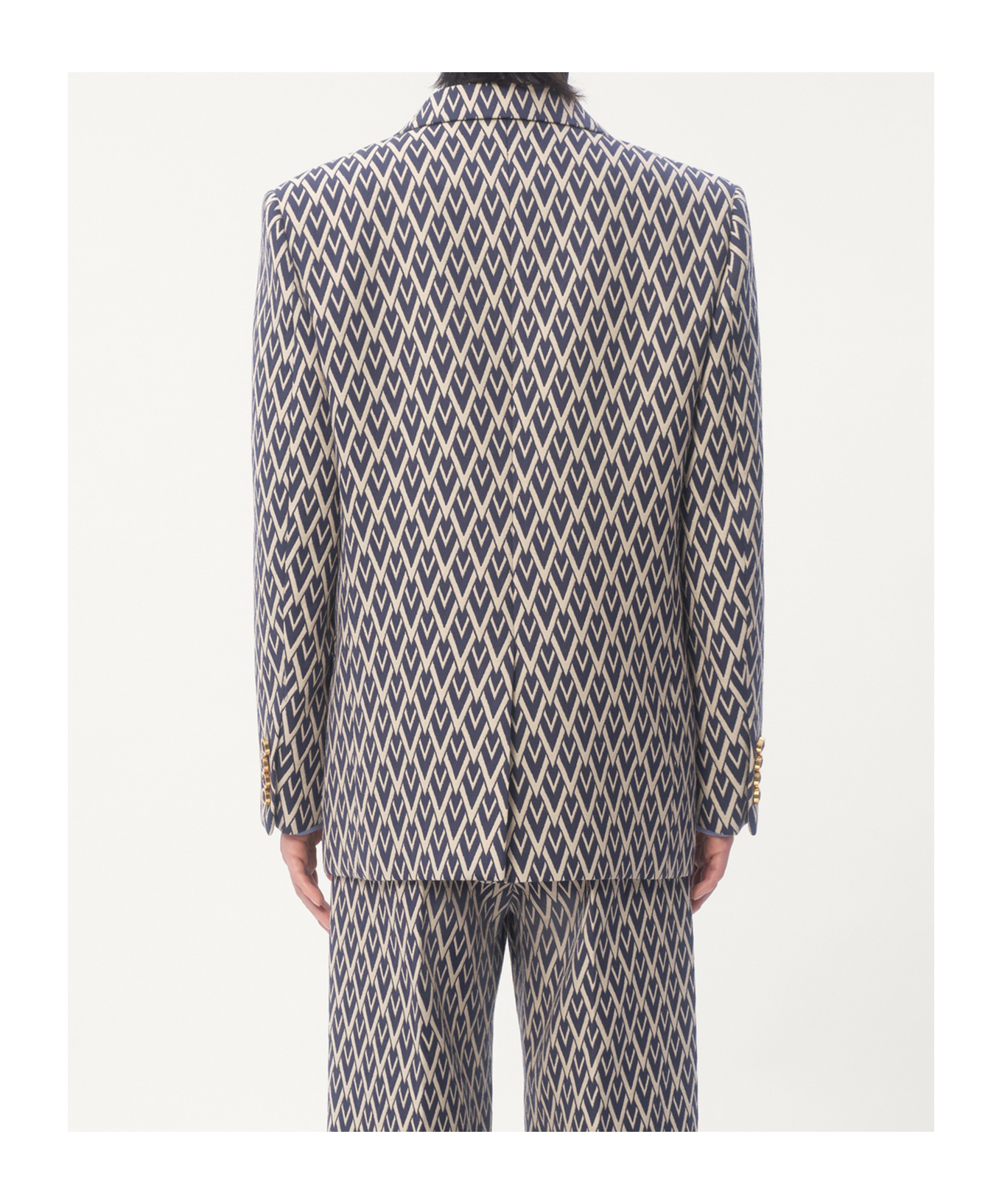 Valentino Double-breasted Wool Jacket With Toute La V Jacquard Pattern In Dark Blue/cream