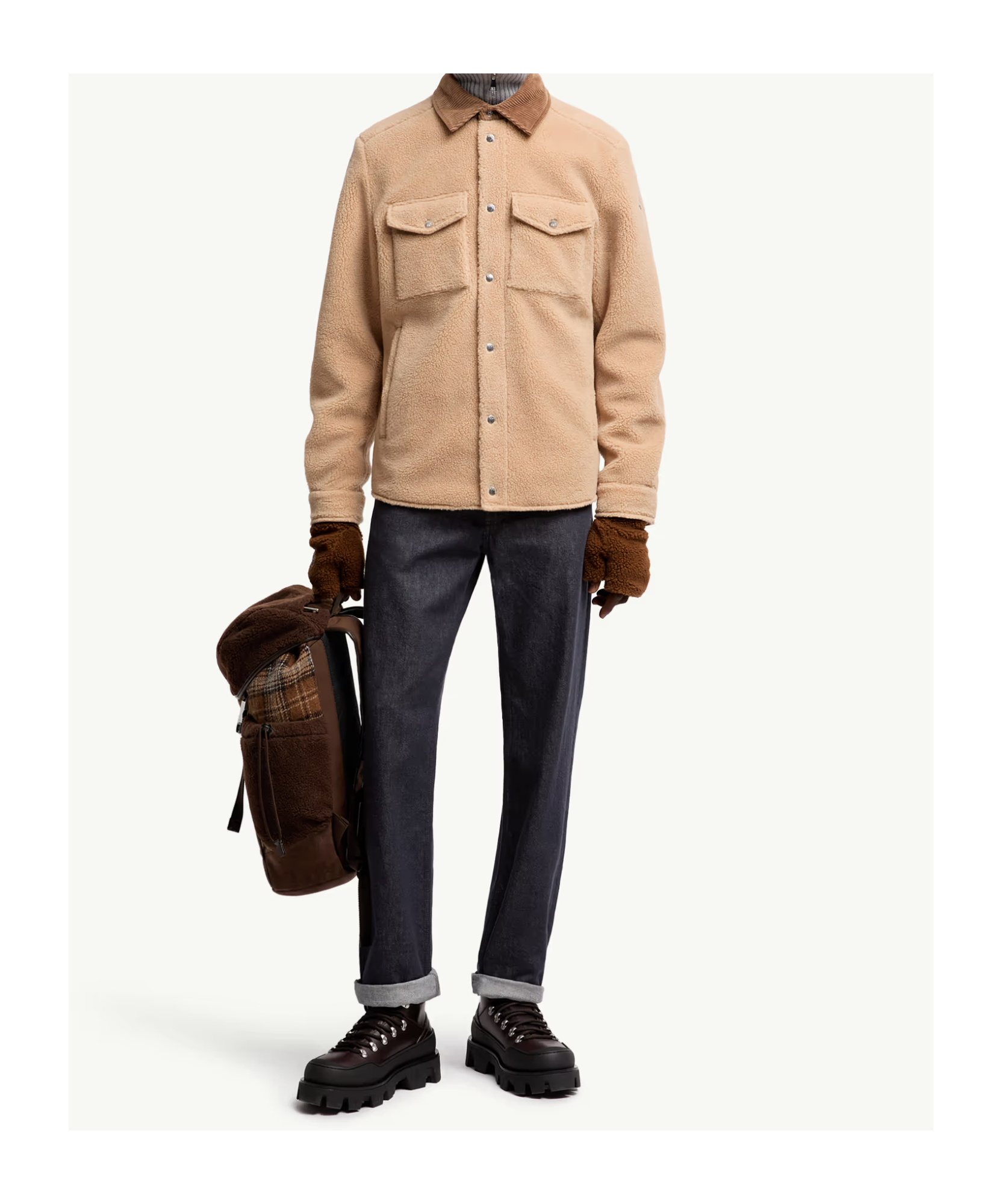 Moncler Teddy Corduroy-trimmed Shirt Jacket In Brown
