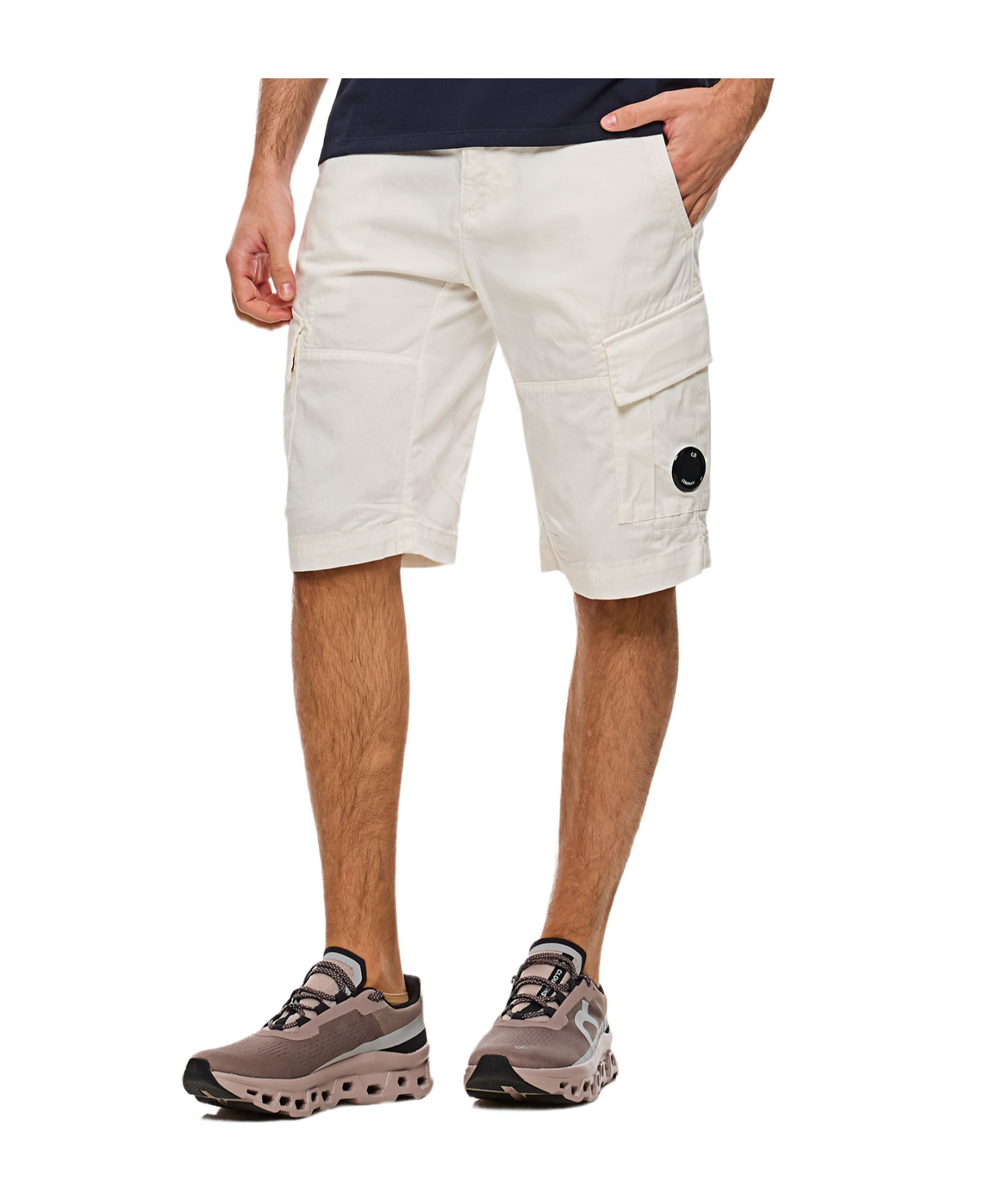 C.p. Company Cargo Shorts In Lightweight Brushed Cotton Fleece In White