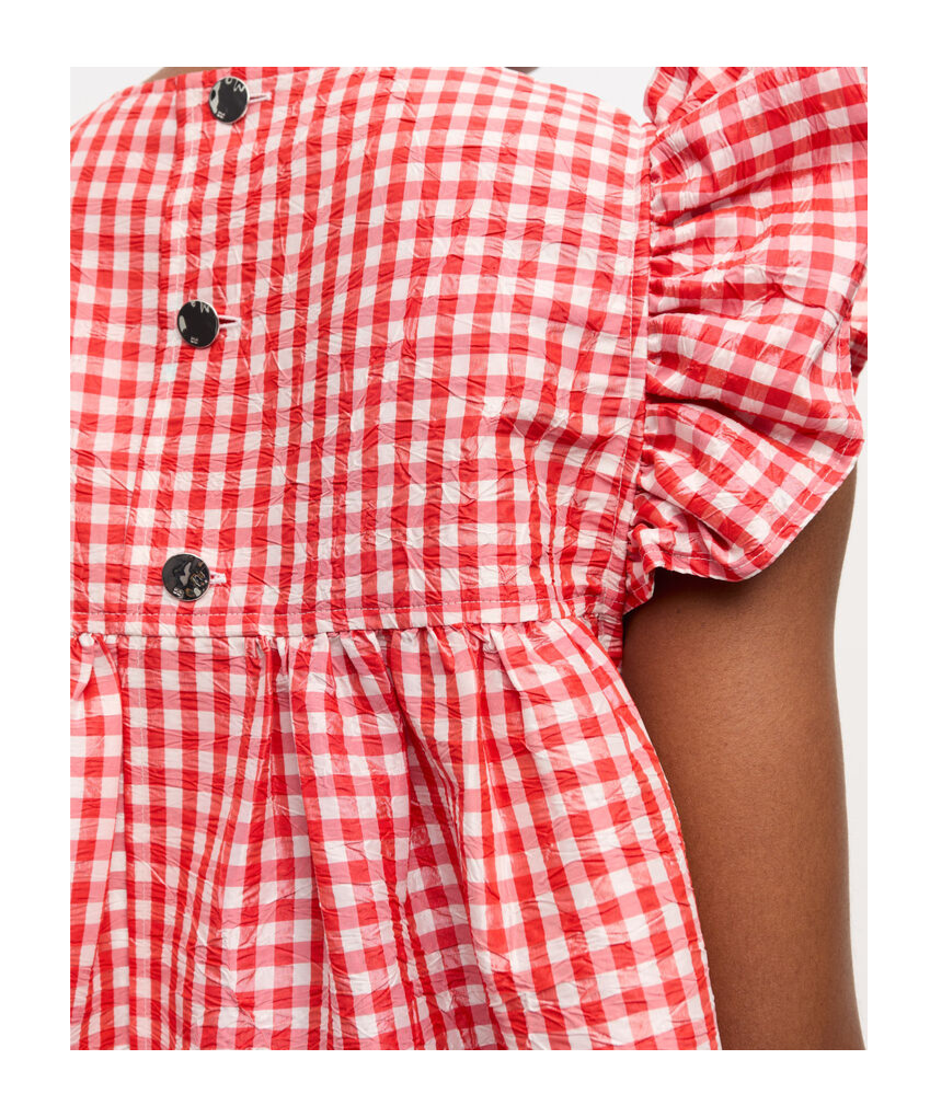 Ganni Red Crinkled Check Taffeta Dress