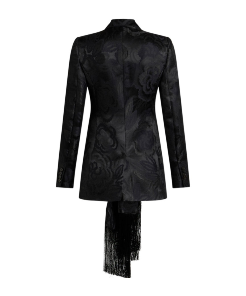 Etro Jacquard Blazer With Belted Waist And Fringed Detail In Black