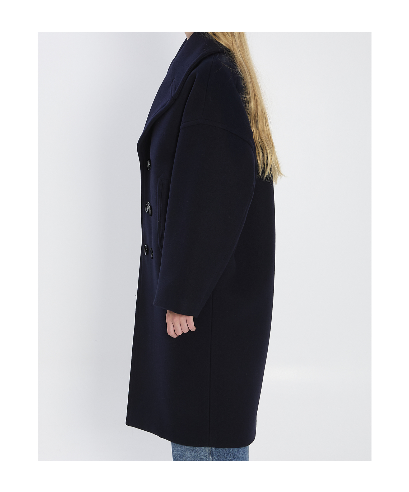 Celine Long Double-breasted Wool Peacoat With Notch Lapel In Blue