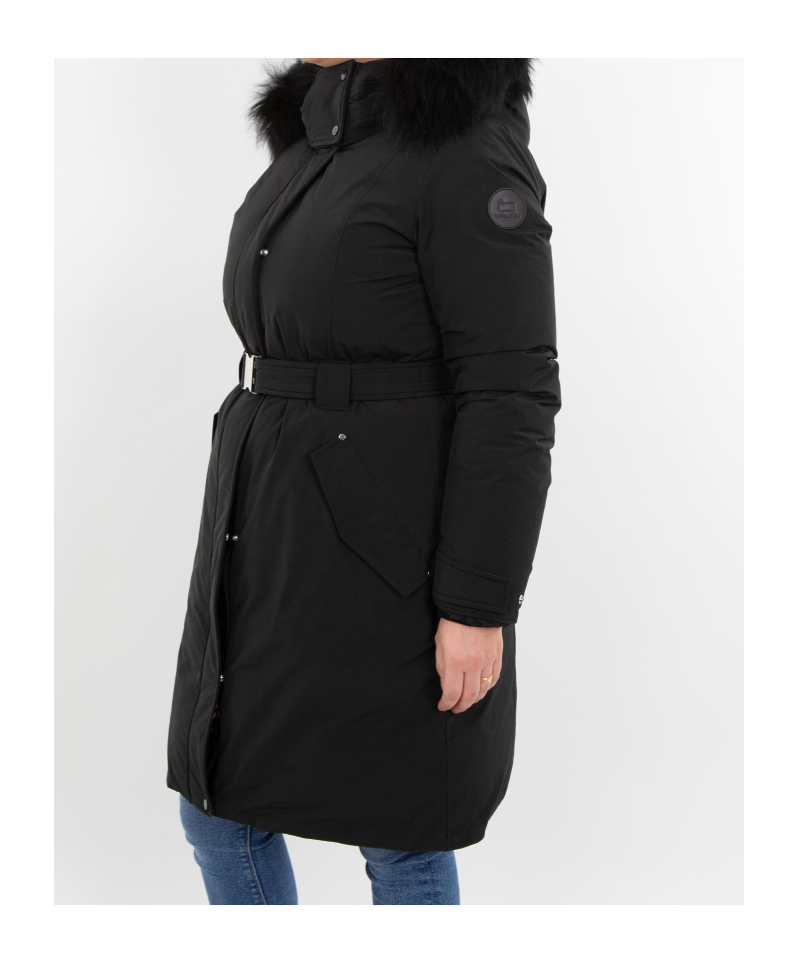 Woolrich Belted Waist Hooded Padded Coat In Black