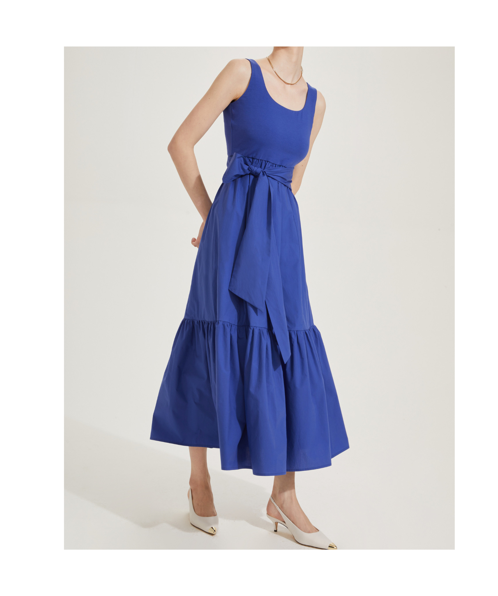 Marella Long Poplin Flounce Dress In Blue