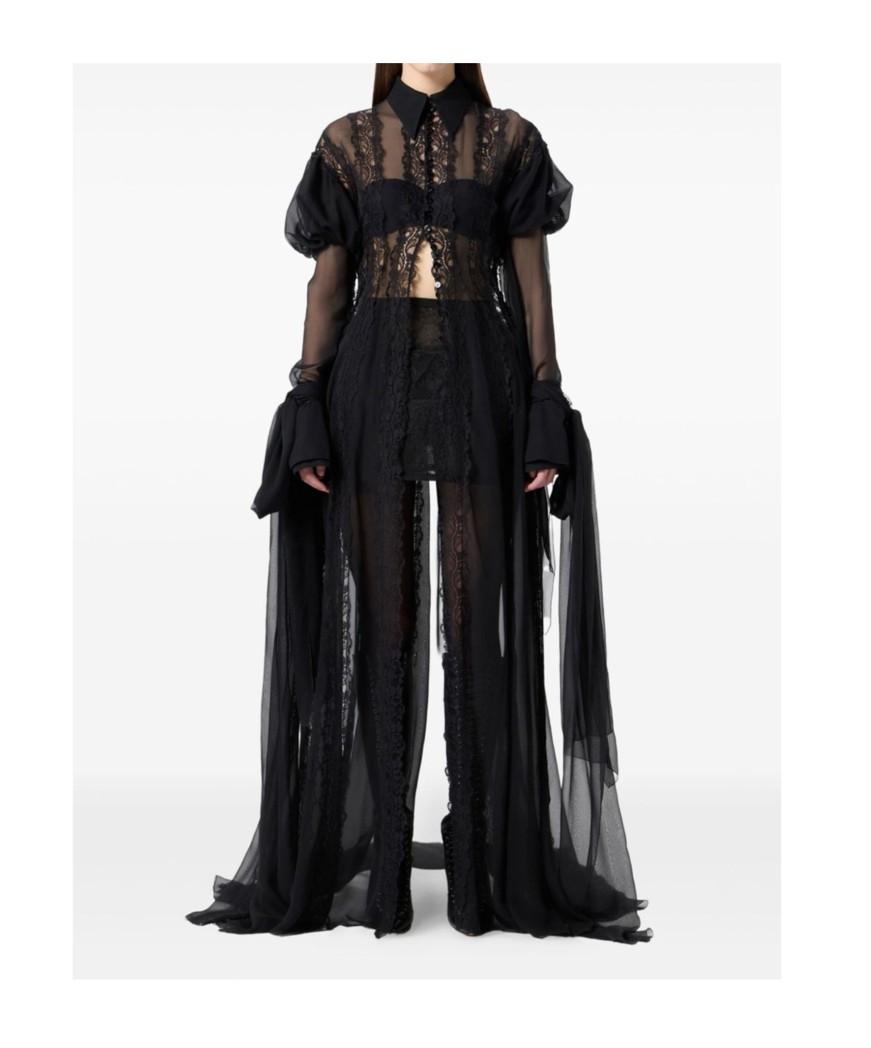 Blumarine Lace-panelled Puff-sleeve Top In Black