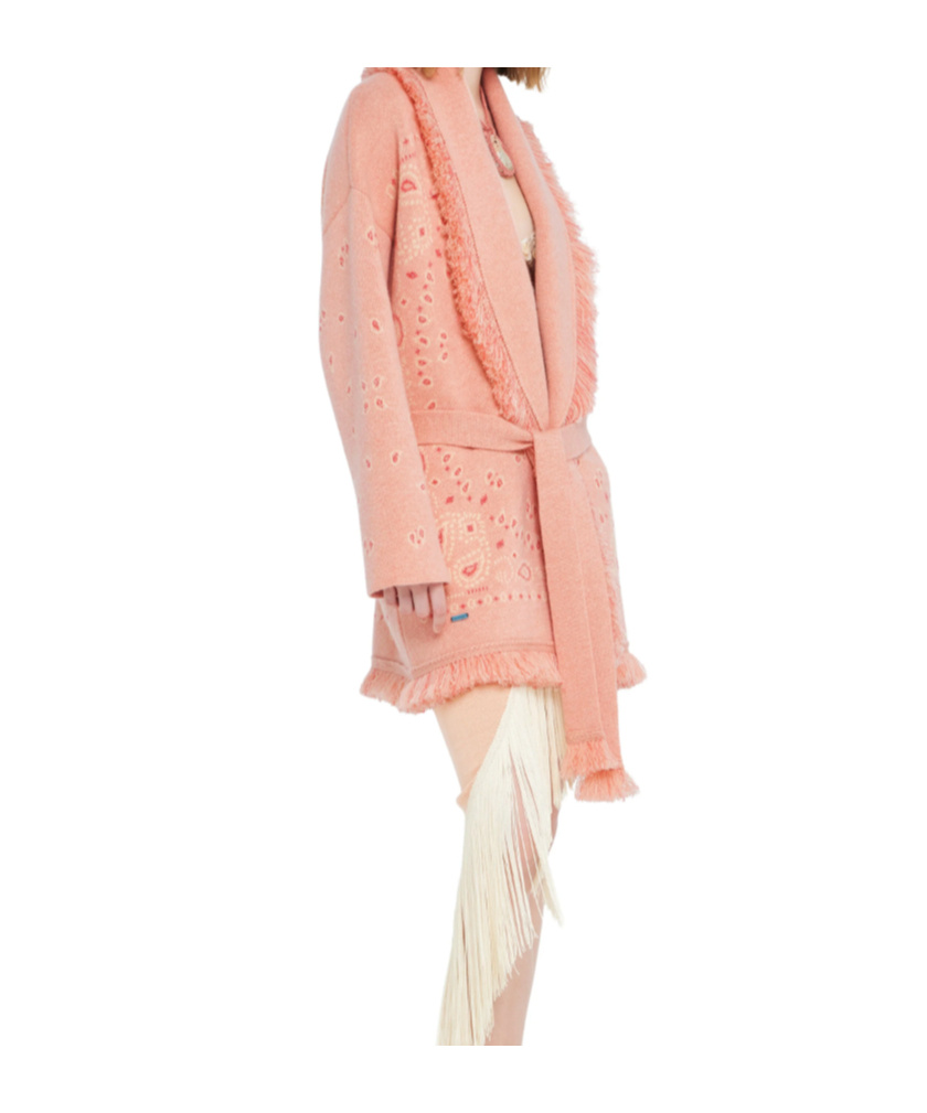 Alanui Long Fringe Cardigan Shawl Collar In Pink