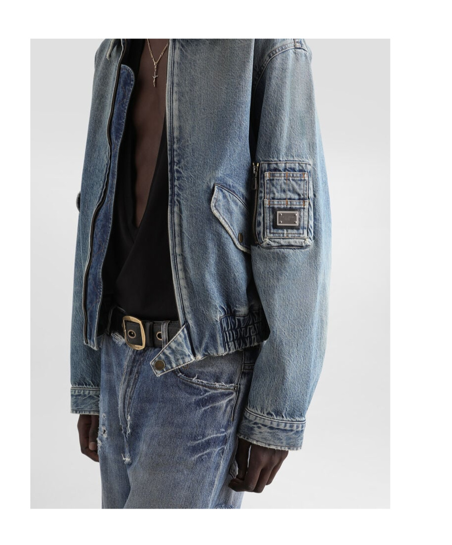Dolce & Gabbana Blue Cotton Tag Denim Bomber Jacket In Blue