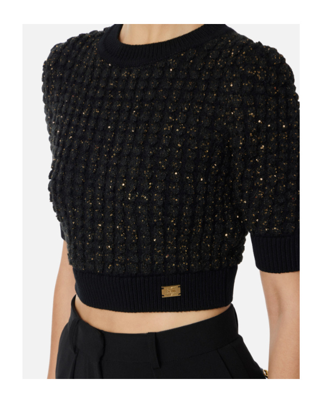 Elisabetta Franchi Bouclé Knit Top With Sequins In Black