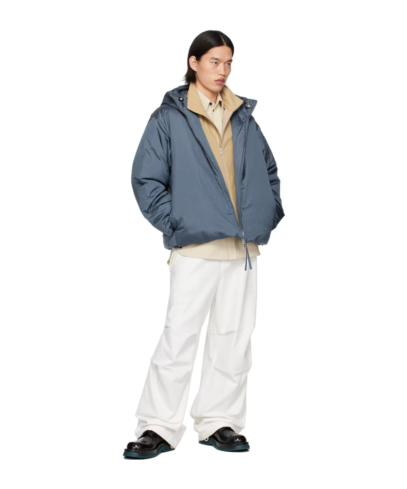 Jil Sander Blue Hooded Down Jacket In Gray
