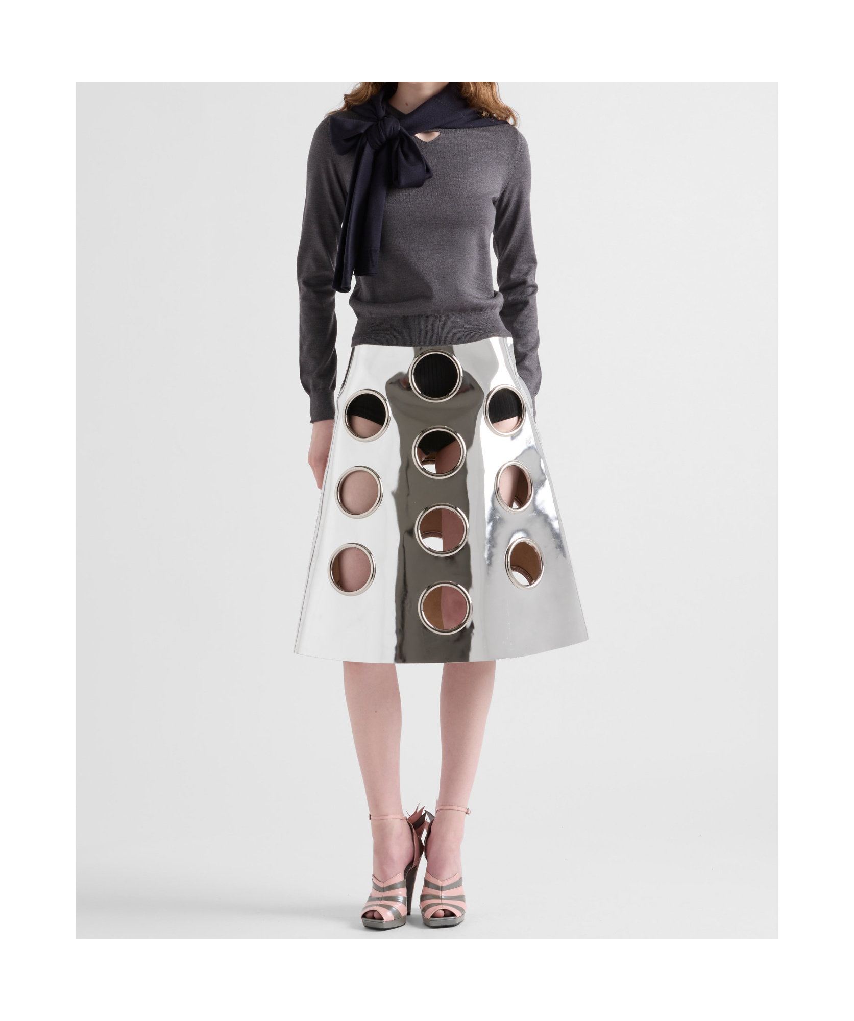 Prada Metallic-effect Leather Midi Skirt In Silver