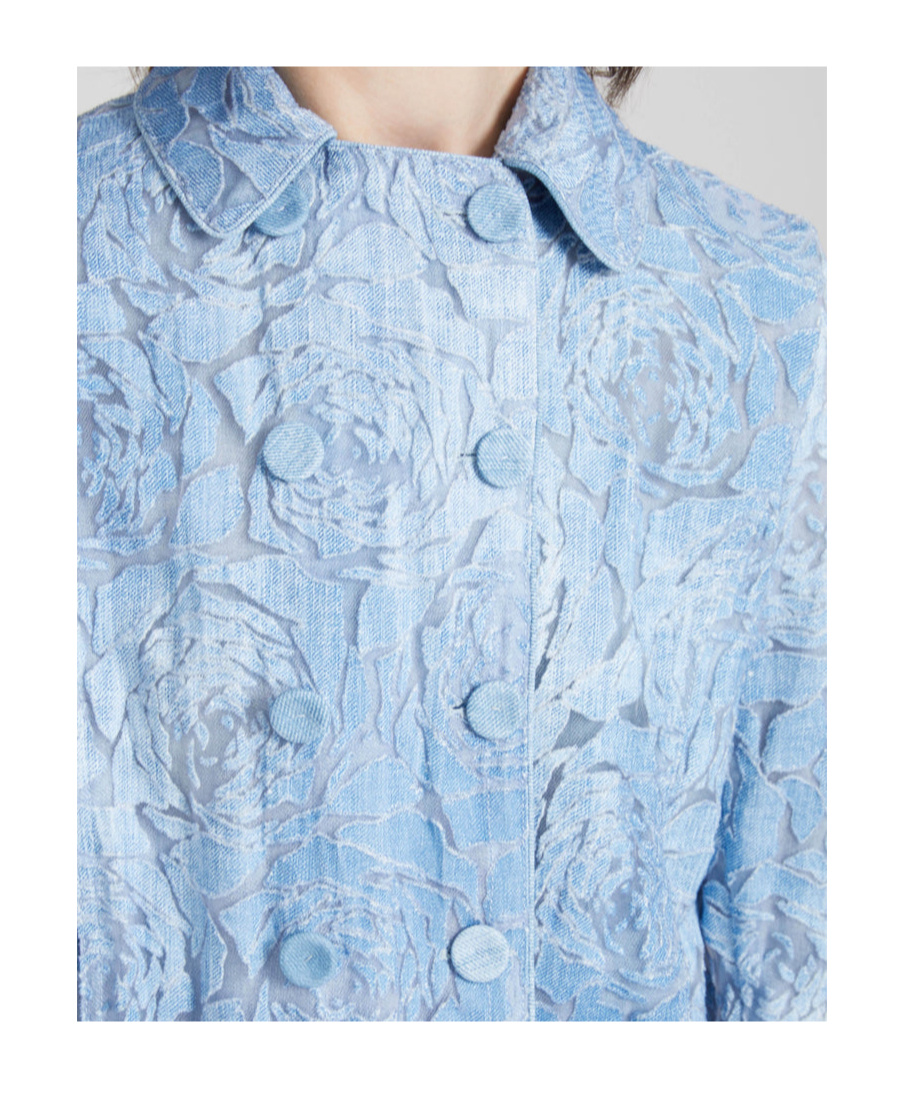 Ermanno Scervino Short Double-breasted Jacket In Devorè With Floral Motif And Denim Print In Light Blue