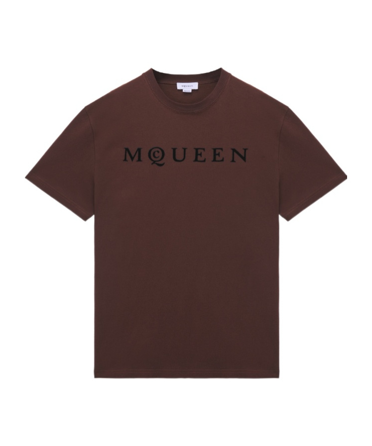 Alexander Mcqueen Men's Flocked Mcqueen Logo T-shirt In Deep Red In Brown