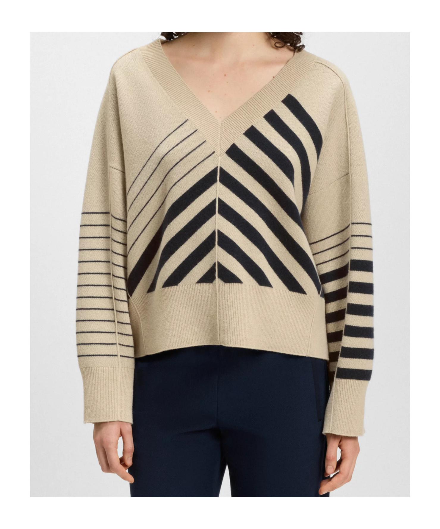 Hugo Boss Block-stripe Sweater In Wool And Cashmere In Neutral