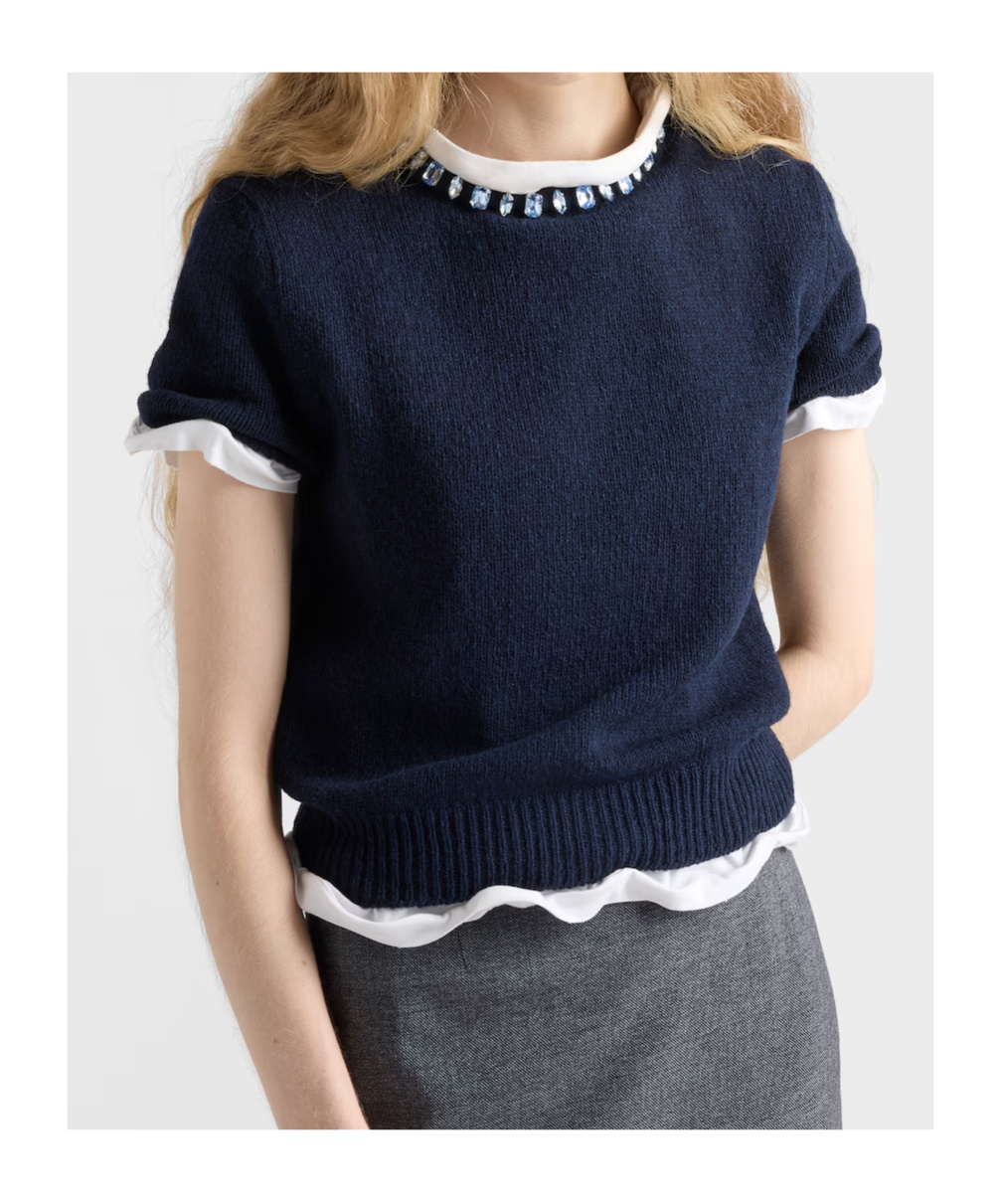 Prada Wool And Cashmere Crewneck Sweater With Jewel Details Clothing In Blue