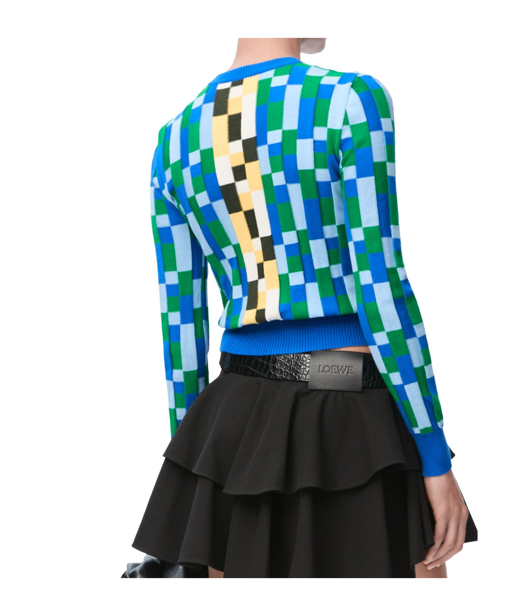 Loewe Anagram Appliquéd Checked Intarsia Cotton Sweater In Blue
