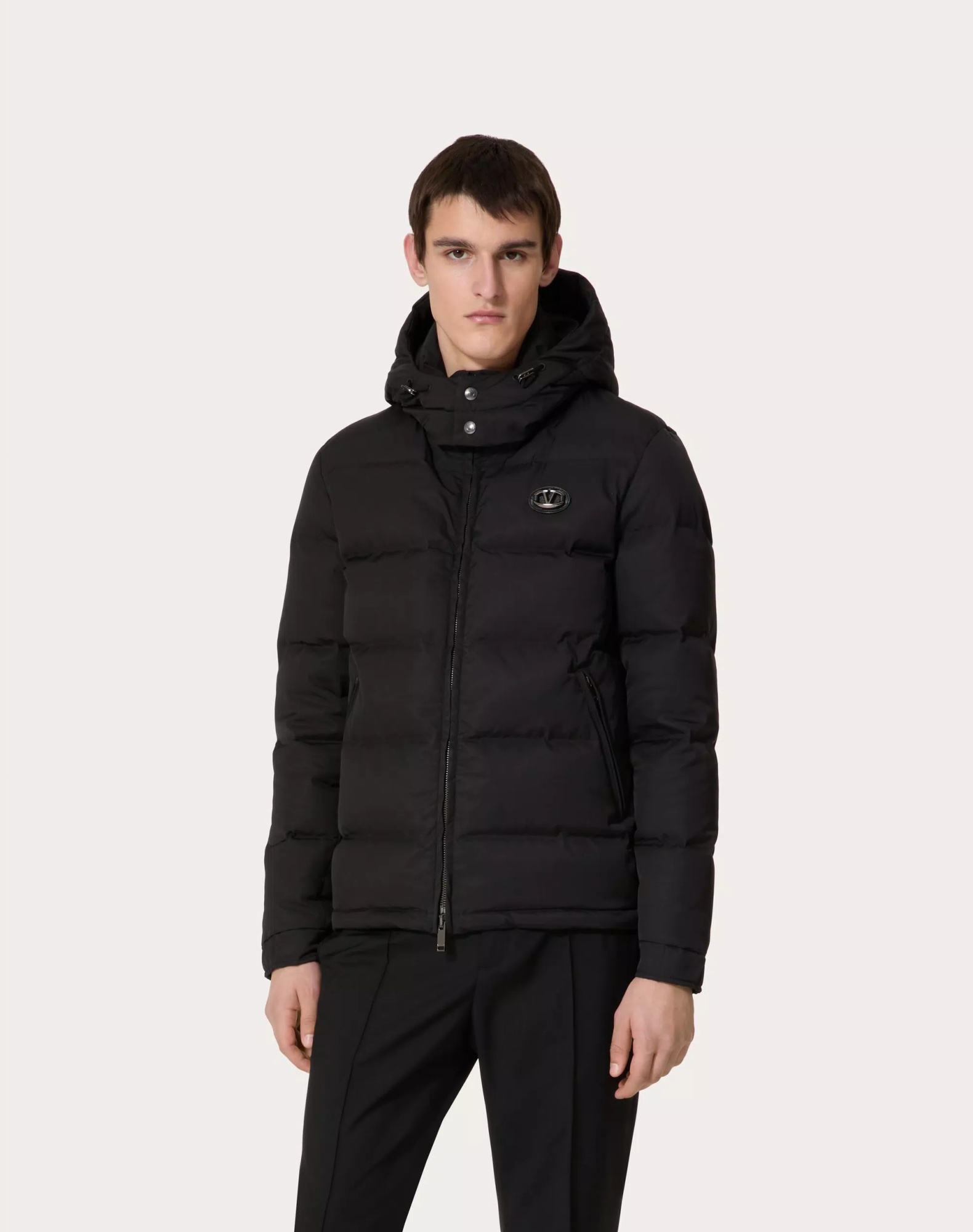 Valentino Nylon Hooded Down Jacket With Leather Patch And Vlogo Signature In Black