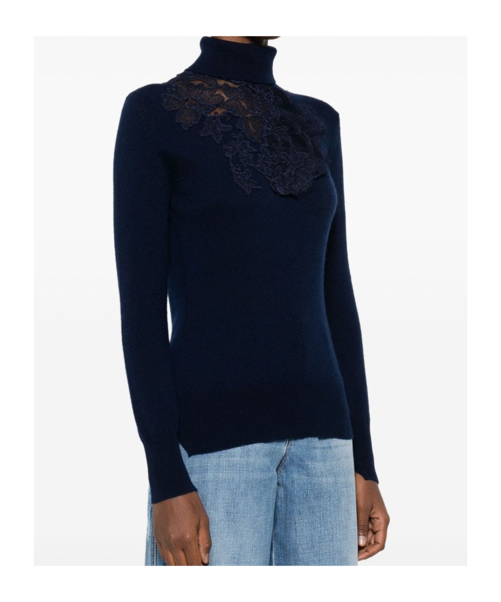 Ermanno Scervino High Neck Floral Lace Knitwear In Blue