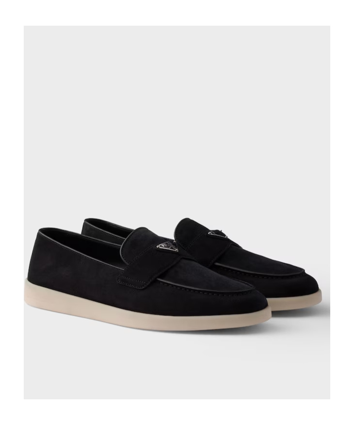 Prada Almond Toe Suede Loafers With Rubber Sole In Black