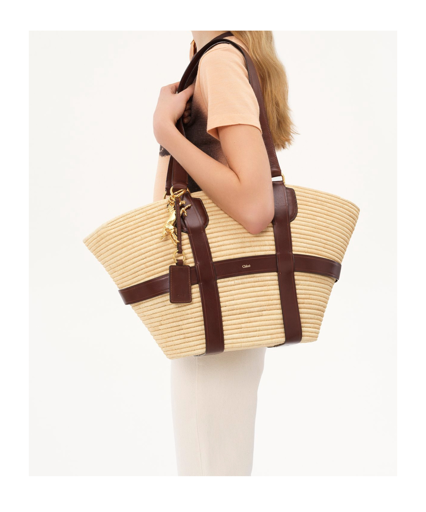 Chloé Kerala Large Basket Tote Bag In Fabric And Leather In Nude